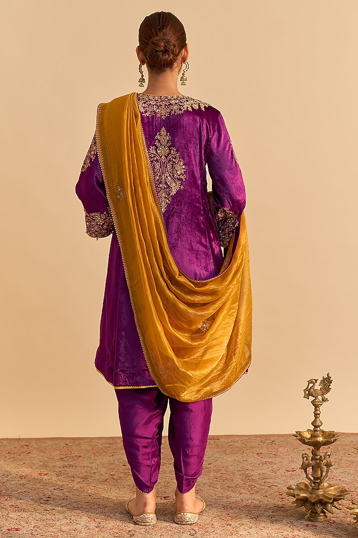 Deep Purple Velvet Silk Embroidered A-Line Kurta Set by Sheetal Batra at Pernia's Pop Up Shop