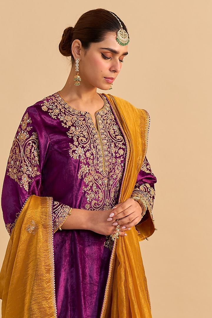 Deep Purple Velvet Silk Embroidered A-Line Kurta Set by Sheetal Batra at Pernia's Pop Up Shop