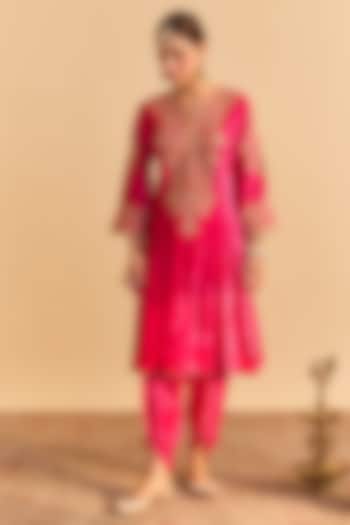 Hot Pink Velvet Silk Embroidered A-Line Kurta Set by Sheetal Batra at Pernia's Pop Up Shop