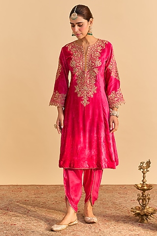 Hot Pink Velvet Silk Embroidered A-Line Kurta Set by Sheetal Batra