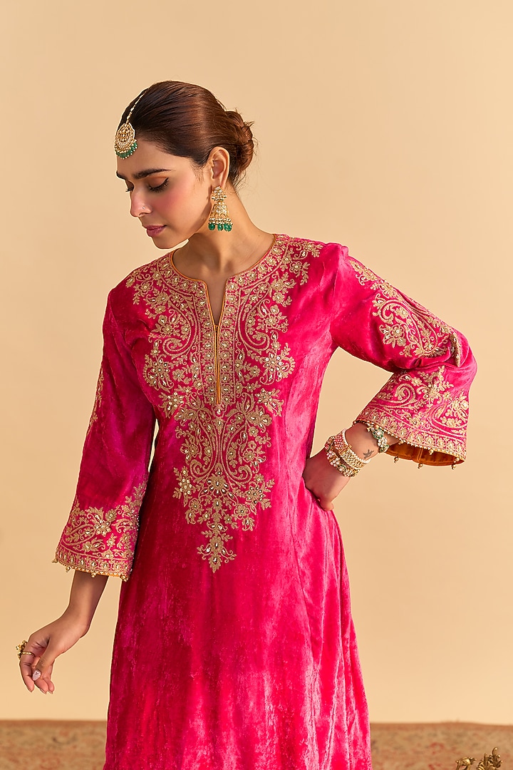 Hot Pink Velvet Silk Embroidered A-Line Kurta Set by Sheetal Batra at Pernia's Pop Up Shop