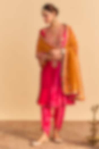 Hot Pink Velvet Silk Embroidered A-Line Kurta Set by Sheetal Batra at Pernia's Pop Up Shop