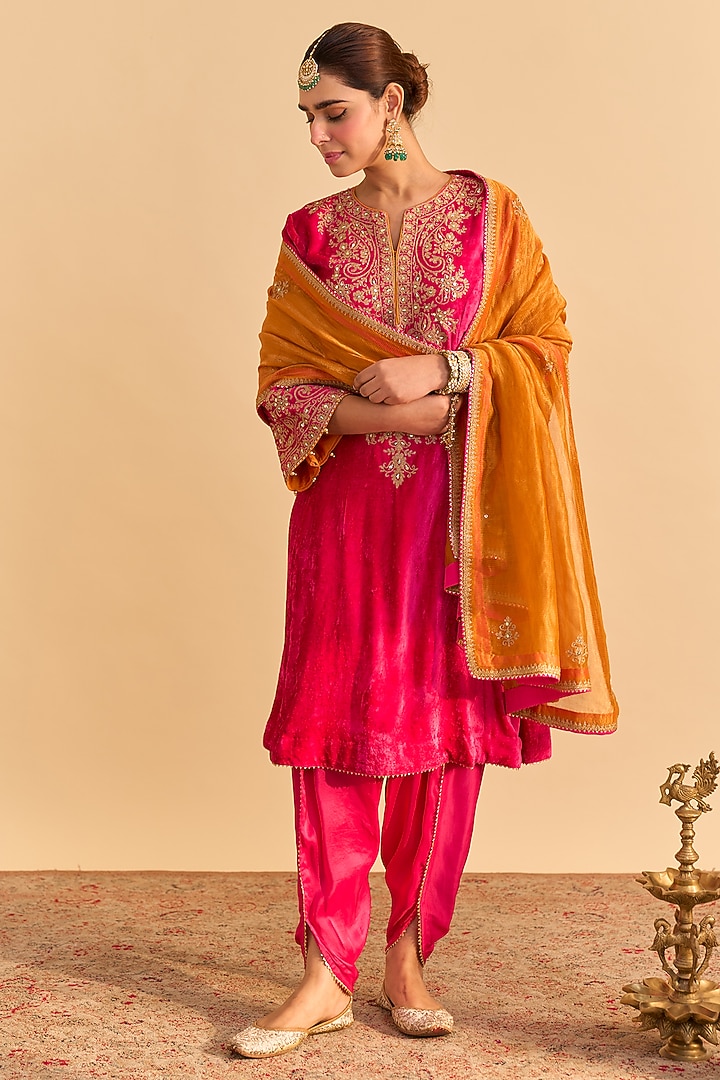 Hot Pink Velvet Silk Embroidered A-Line Kurta Set by Sheetal Batra at Pernia's Pop Up Shop