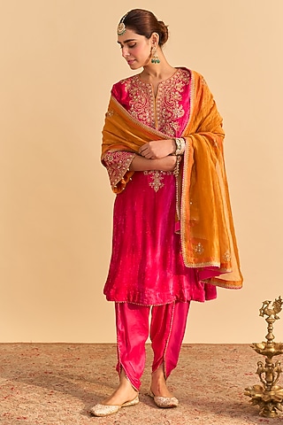 Hot Pink Velvet Silk Embroidered A-Line Kurta Set by Sheetal Batra