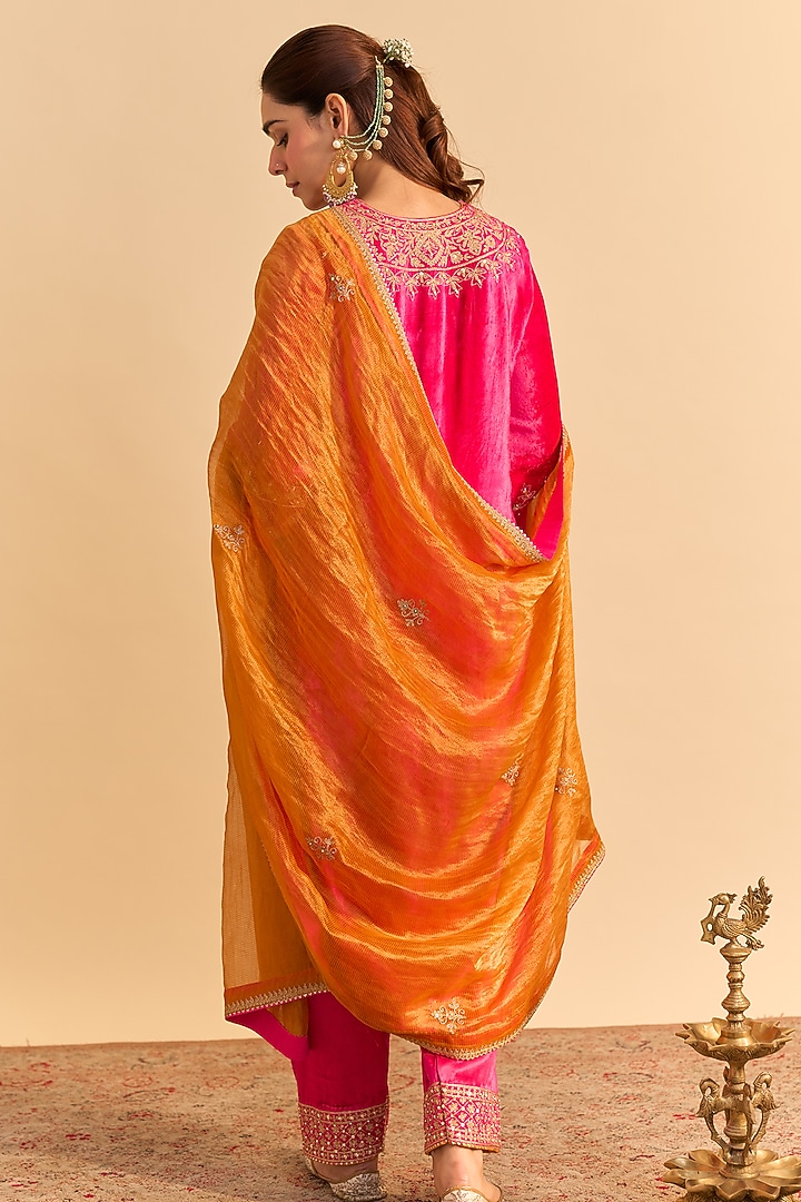 Hot Pink Velvet Silk Embroidered A-Line Kurta Set by Sheetal Batra at Pernia's Pop Up Shop