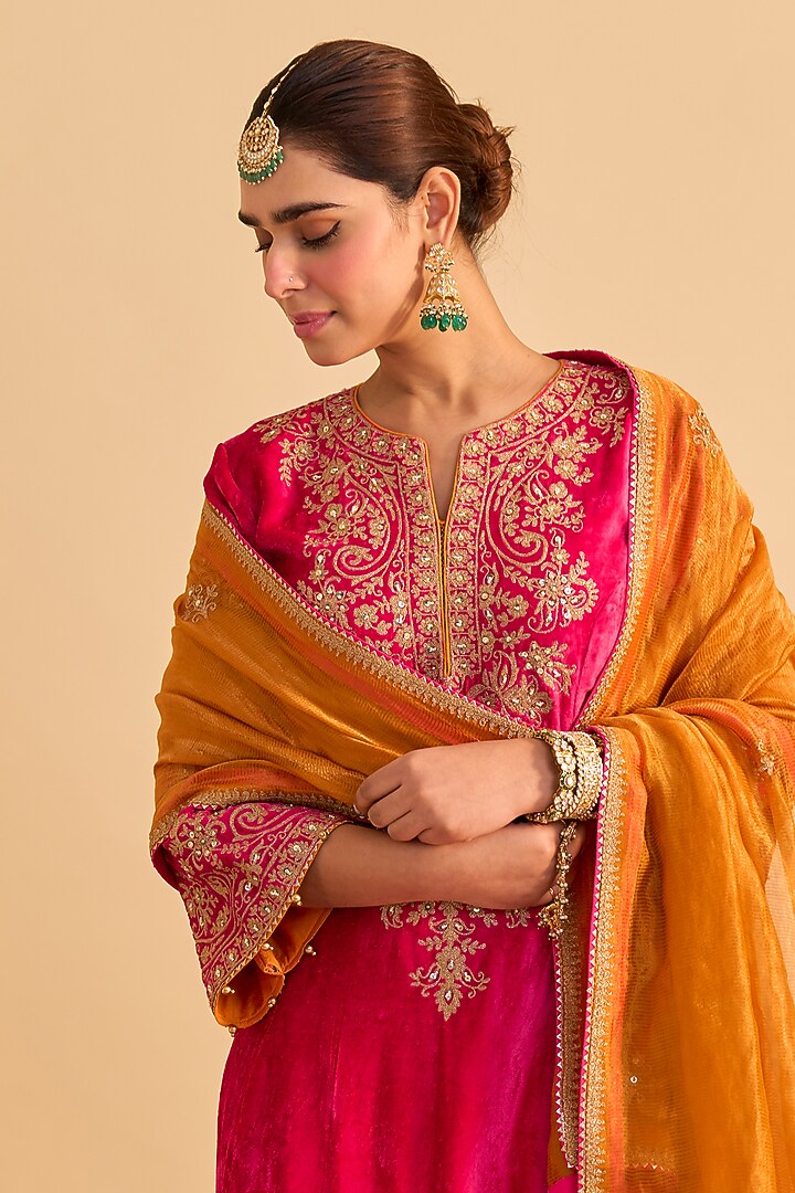 Hot Pink Velvet Silk Embroidered A-Line Kurta Set by Sheetal Batra at Pernia's Pop Up Shop