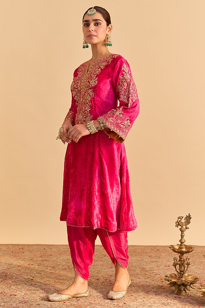 Hot Pink Velvet Silk Embroidered A-Line Kurta Set by Sheetal Batra at Pernia's Pop Up Shop