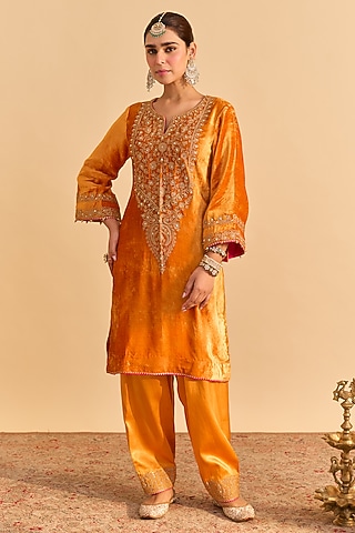 Orange Velvet Silk Embroidered Kurta Set by Sheetal Batra