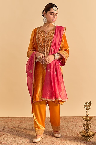 Orange Velvet Silk Embroidered Kurta Set by Sheetal Batra