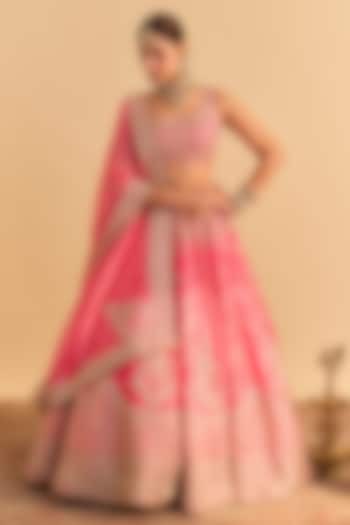 Carrot Pink Silk Tissue Pearl Embroidered Bridal Lehenga Set by Sheetal Batra at Pernia's Pop Up Shop