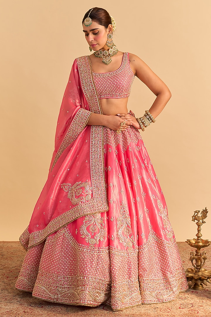 Carrot Pink Silk Tissue Pearl Embroidered Bridal Lehenga Set by Sheetal Batra at Pernia's Pop Up Shop