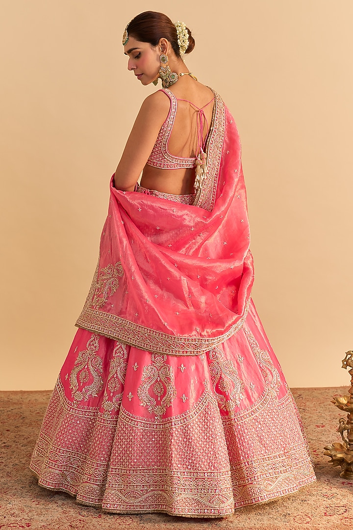 Carrot Pink Silk Tissue Pearl Embroidered Bridal Lehenga Set by Sheetal Batra at Pernia's Pop Up Shop