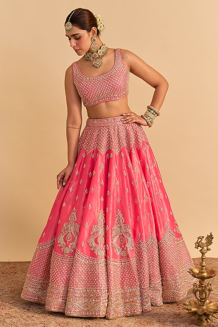 Carrot Pink Silk Tissue Pearl Embroidered Bridal Lehenga Set by Sheetal Batra at Pernia's Pop Up Shop