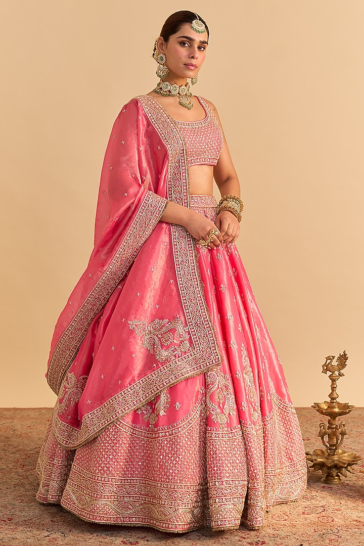 Carrot Pink Silk Tissue Pearl Embroidered Bridal Lehenga Set by Sheetal Batra at Pernia's Pop Up Shop