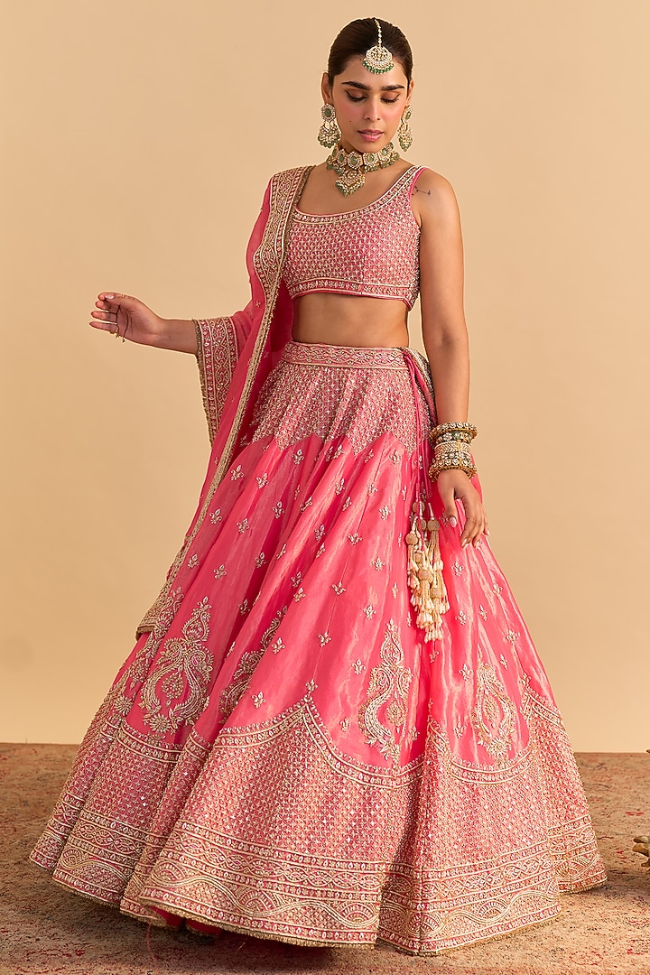 Carrot Pink Silk Tissue Pearl Embroidered Bridal Lehenga Set by Sheetal Batra at Pernia's Pop Up Shop