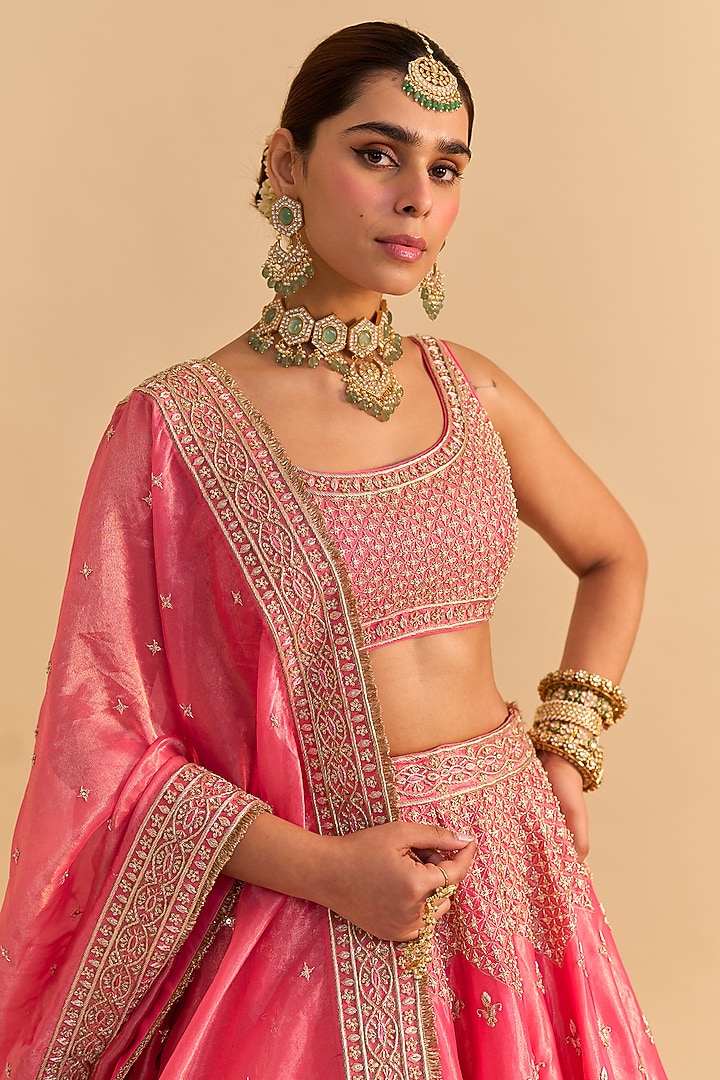 Carrot Pink Silk Tissue Pearl Embroidered Bridal Lehenga Set by Sheetal Batra at Pernia's Pop Up Shop