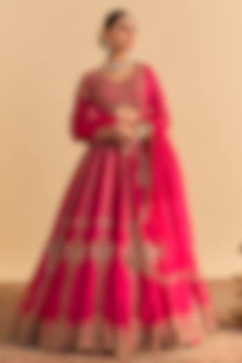 Hot Pink Raw Silk Embroidered Bridal Lehenga Set by Sheetal Batra at Pernia's Pop Up Shop