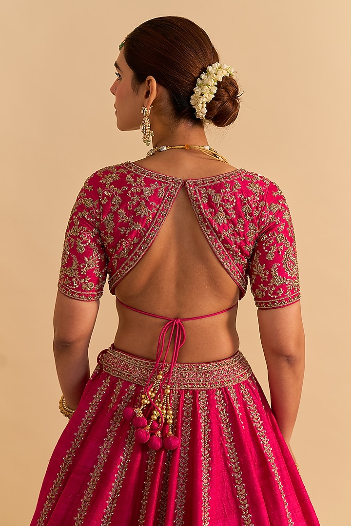 Hot Pink Raw Silk Embroidered Bridal Lehenga Set by Sheetal Batra at Pernia's Pop Up Shop