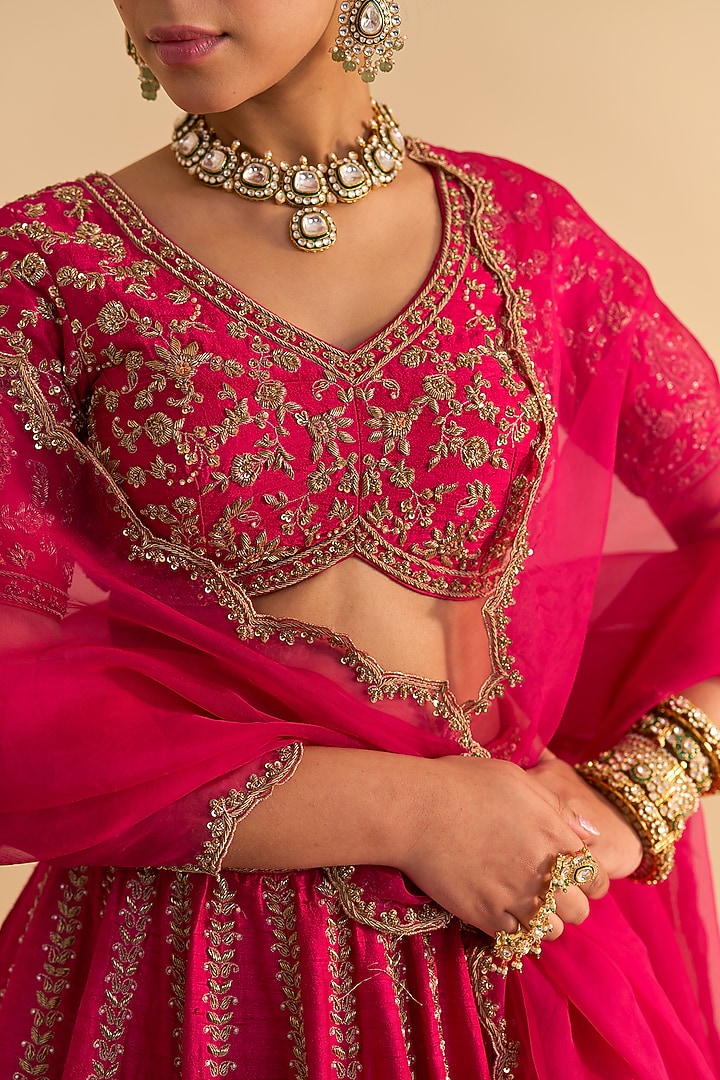 Hot Pink Raw Silk Embroidered Bridal Lehenga Set by Sheetal Batra at Pernia's Pop Up Shop