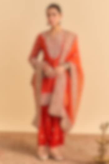 Burnt Orange Silk Chanderi Embroidered A-Line Kurta Set by Sheetal Batra at Pernia's Pop Up Shop