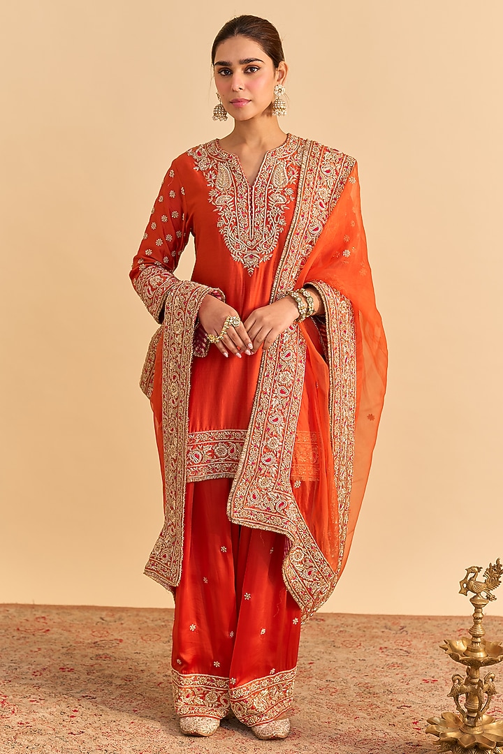 Burnt Orange Silk Chanderi Embroidered A-Line Kurta Set by Sheetal Batra at Pernia's Pop Up Shop