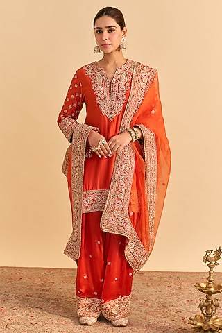 Burnt Orange Silk Chanderi Embroidered A-Line Kurta Set by Sheetal Batra
