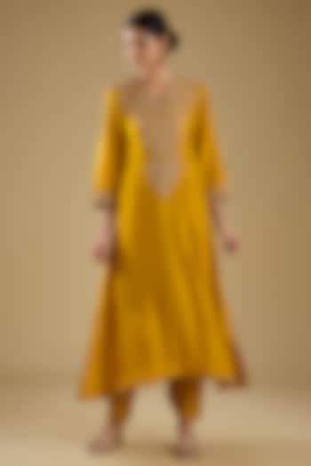 Mustard Pure Uppada Silk Embroidered Kaftan Set For Girls by Sheetal Batra - Kids at Pernia's Pop Up Shop