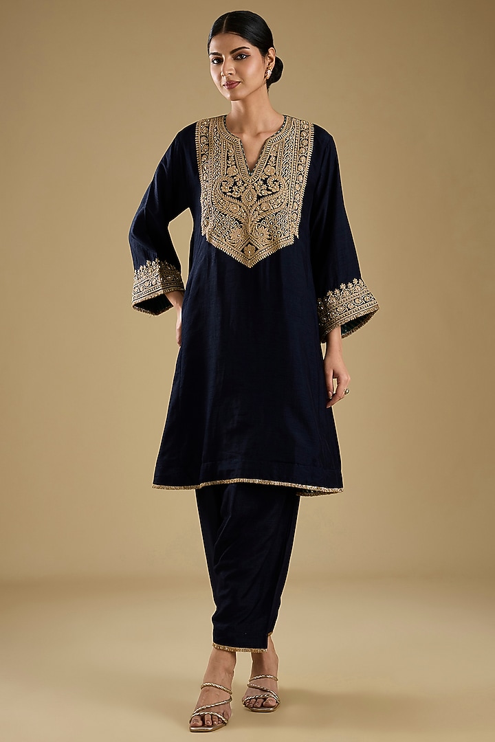 Deep Blue Pure Uppada Silk Embroidered Kurta Set For Girls by Sheetal Batra - Kids at Pernia's Pop Up Shop