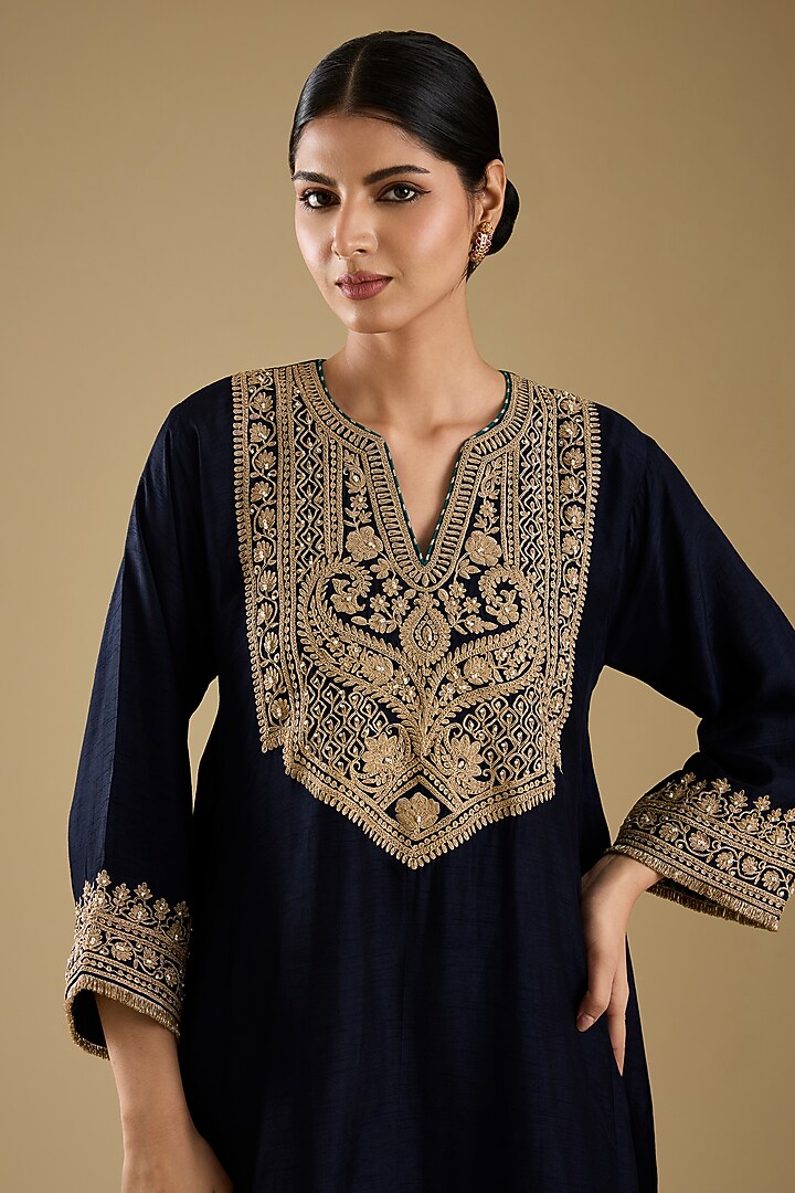 Deep Blue Pure Uppada Silk Embroidered Kurta Set For Girls by Sheetal Batra - Kids at Pernia's Pop Up Shop