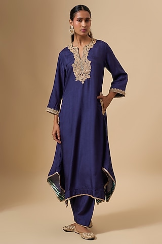 Deep Blue Uppada Silk Dori Embroidered Kaftan Set For Girls by Sheetal Batra - Kids
