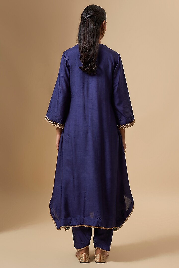 Deep Blue Uppada Silk Dori Embroidered Kaftan Set For Girls by Sheetal Batra - Kids at Pernia's Pop Up Shop
