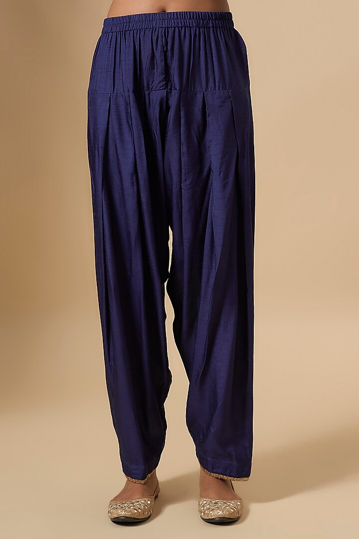 Deep Blue Uppada Silk Dori Embroidered Kaftan Set For Girls by Sheetal Batra - Kids at Pernia's Pop Up Shop
