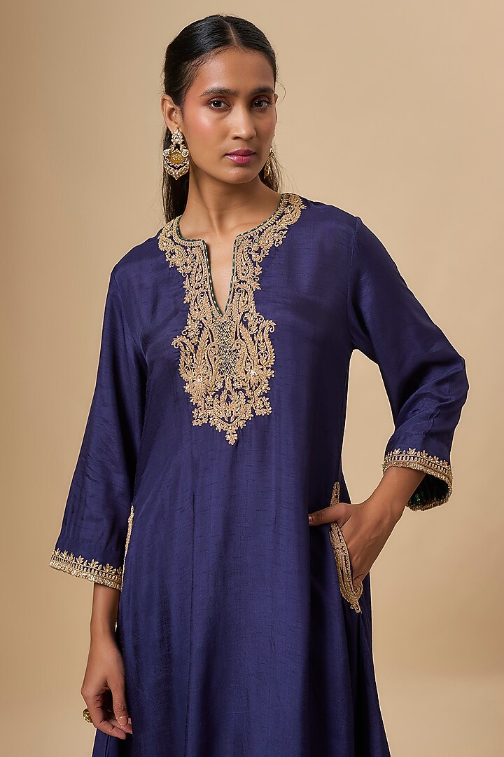 Deep Blue Uppada Silk Dori Embroidered Kaftan Set For Girls by Sheetal Batra - Kids at Pernia's Pop Up Shop
