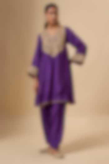 Purple Uppada Silk Dori Embroidered Kurta Set For Girls by Sheetal Batra - Kids at Pernia's Pop Up Shop