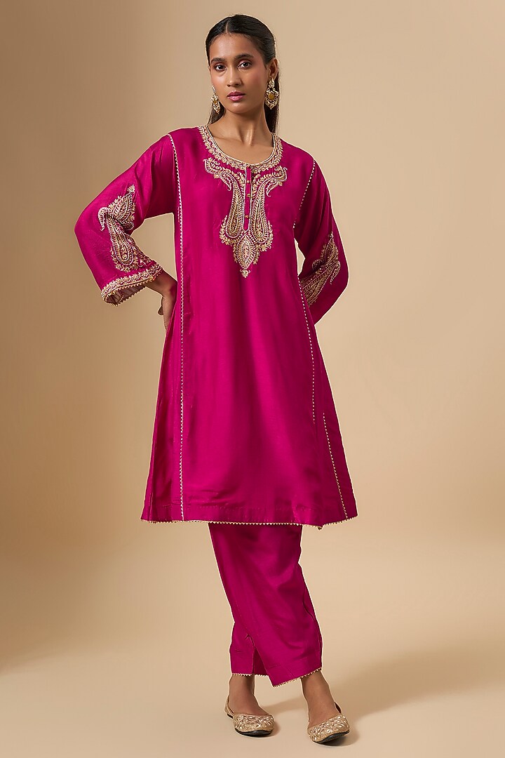 Hot Pink Uppada Silk Zardosi Embroidered Kurta Set For Girls by Sheetal Batra - Kids at Pernia's Pop Up Shop