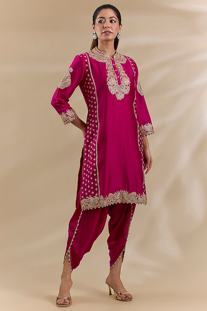 Hot Pink Chanderi Silk Kashmiri Tilla Embroidered Kurta Set For Girls by Sheetal Batra - Kids at Pernia's Pop Up Shop