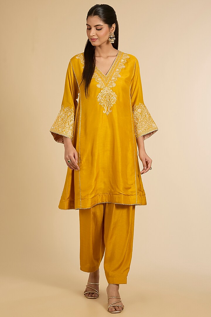 Mustard Uppada Silk Kurta Set For Girls by Sheetal Batra - Kids at Pernia's Pop Up Shop