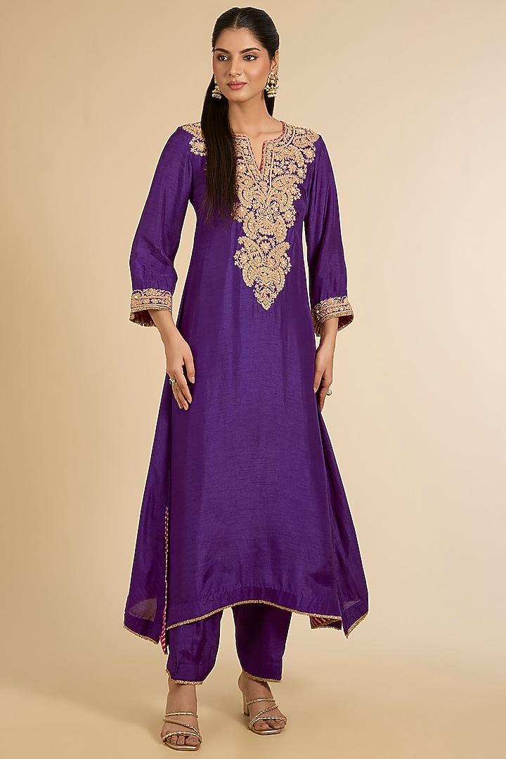 Purple Pure Uppada Silk Dori Embroidered Kaftan Set For Girls by Sheetal Batra - Kids at Pernia's Pop Up Shop