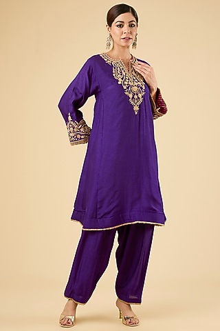 Purple Pure Uppada Silk Dori Embroidered Kurta Set For Girls by Sheetal Batra - Kids