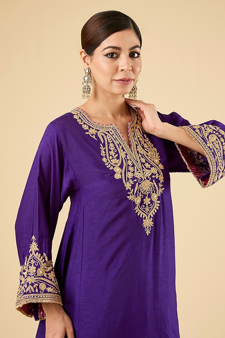 Purple Pure Uppada Silk Dori Embroidered Kurta Set For Girls by Sheetal Batra - Kids at Pernia's Pop Up Shop