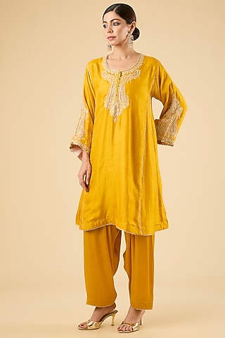 Mustard Pure Uppada Silk Embroidered Kurta Set For Girls by Sheetal Batra - Kids