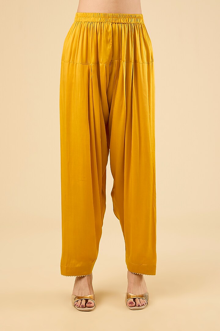 Mustard Pure Uppada Silk Embroidered Kurta Set For Girls by Sheetal Batra - Kids at Pernia's Pop Up Shop