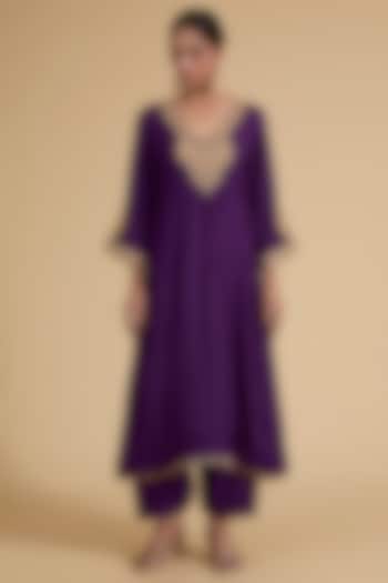 Purple Uppada Silk Embroidered Kaftan Kurta Set For Girls by Sheetal Batra - Kids at Pernia's Pop Up Shop