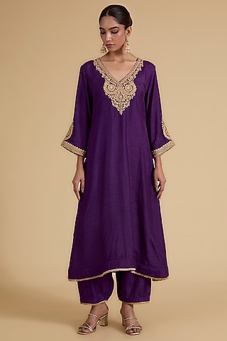 Purple Uppada Silk Embroidered Kaftan Kurta Set For Girls by Sheetal Batra - Kids
