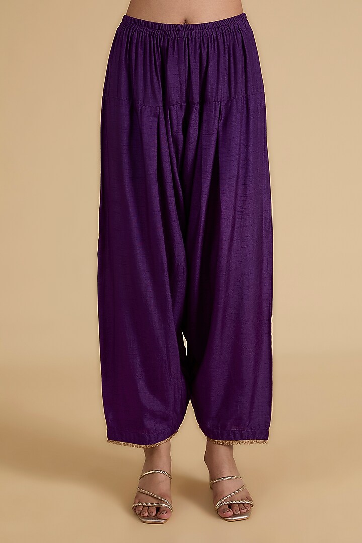Purple Uppada Silk Embroidered Kaftan Kurta Set For Girls by Sheetal Batra - Kids at Pernia's Pop Up Shop