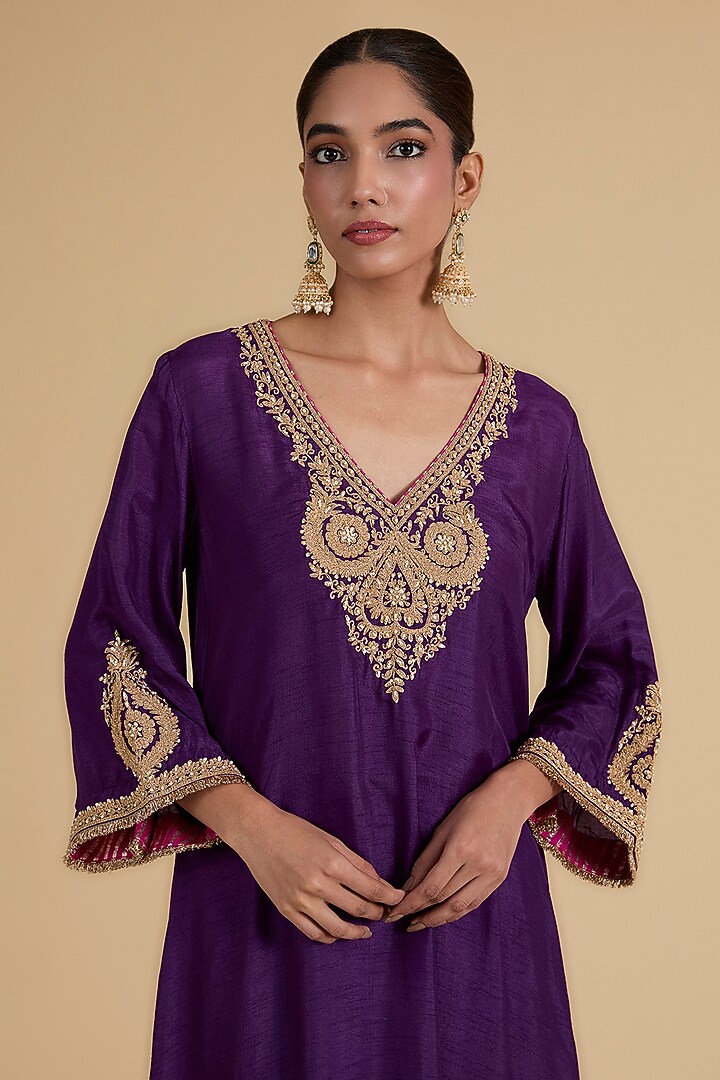 Purple Uppada Silk Embroidered Kaftan Kurta Set For Girls by Sheetal Batra - Kids at Pernia's Pop Up Shop