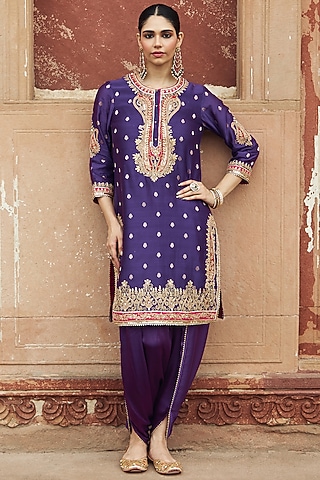 Deep Purple Pure Silk Chanderi Embroidered Kurta Set For Girls by Sheetal Batra - Kids