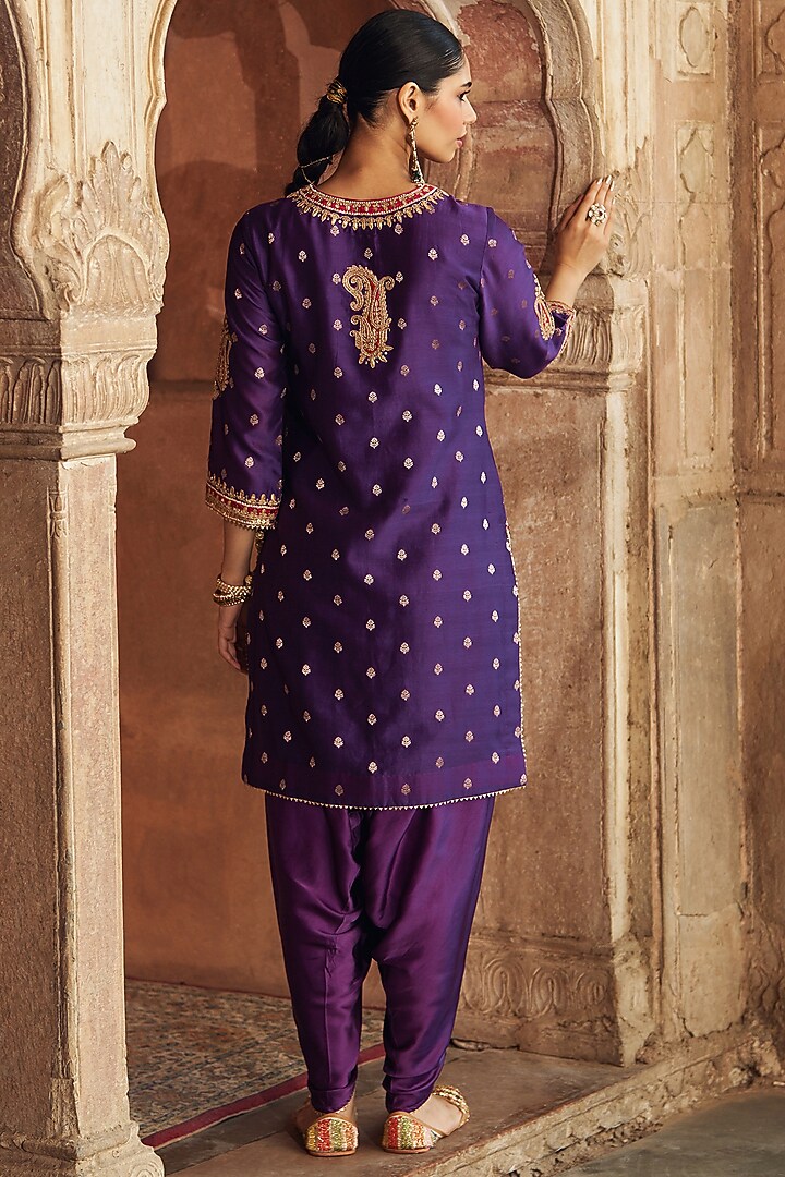 Deep Purple Pure Silk Chanderi Embroidered Kurta Set For Girls by Sheetal Batra - Kids at Pernia's Pop Up Shop