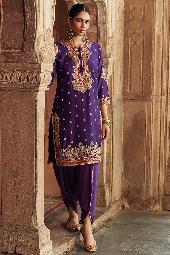 Deep Purple Pure Silk Chanderi Embroidered Kurta Set For Girls by Sheetal Batra - Kids at Pernia's Pop Up Shop