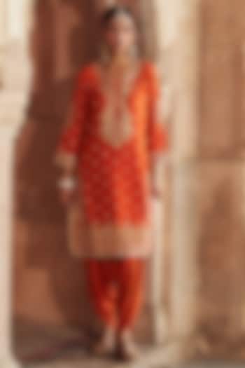 Burnt Orange Silk Chanderi Banarasi Embroidered Kurta Set For Girls by Sheetal Batra - Kids at Pernia's Pop Up Shop